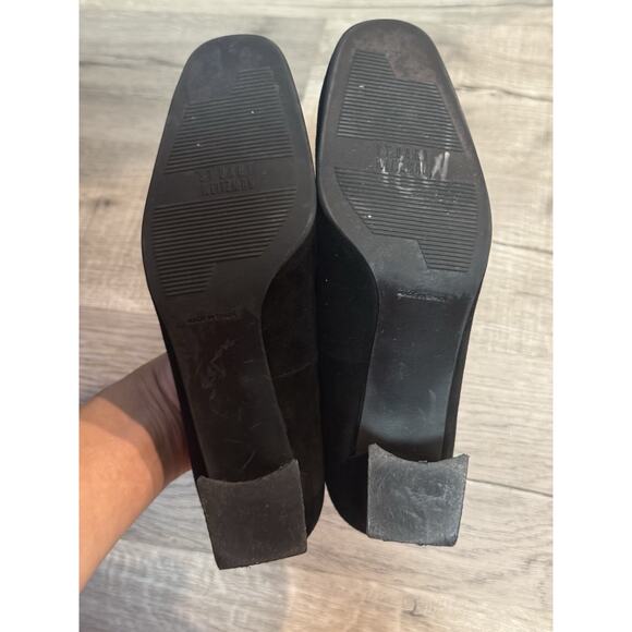 Stuart Weitzman 7.5 Suede Chunky Pumps Heels Tassel Loafers Black - Picture 5 of 6